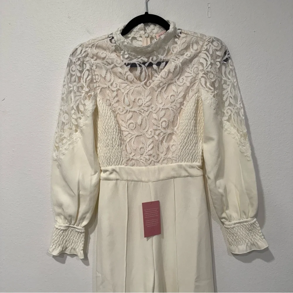 Ivy City Co Colette Cream Long Sleeve High Neck Lace Jumpsuit XXS